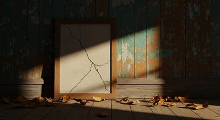 Cracked frame against peeling wall with scattered autumn leaves