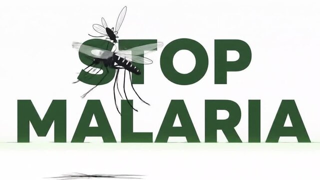 Flat text 'Stop Malaria' with mosquito icon flying through letters, neutral background