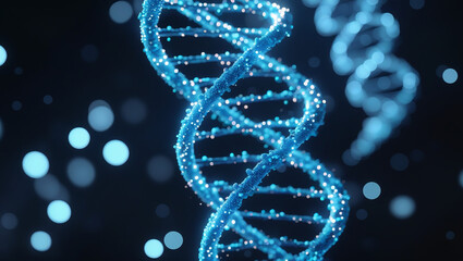 Glowing blue DNA helix 3D rendering for science and medicine. Perfect for biotech presentations, medical research, and educational content.