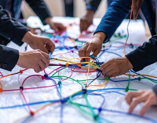 Collaborative Network Hands Intertwined with Colorful Strings on White Surface.