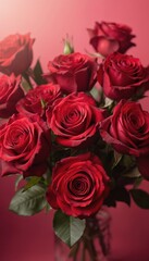 Red roses bouquet arranged in circular pattern on soft pink background. Vibrant red roses attached to stems, offset from center. Dynamically captured from angle, adding movement to still scene. Rose