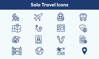 Solo Travel Icon set with  Adventure Exploration and Freedom icon 