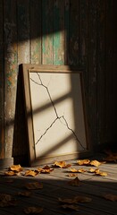 Cracked frame against peeling wall with scattered autumn leaves