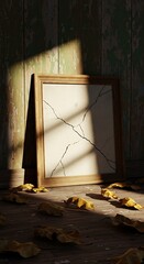 Cracked frame against peeling wall with scattered autumn leaves