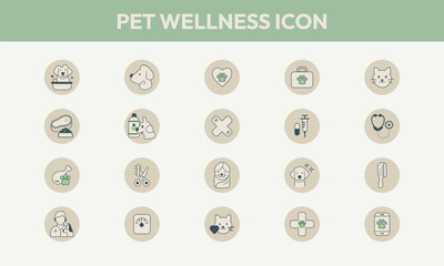 Pet Wellness Icon Set Veterinary  Health Care and Grooming Symbols