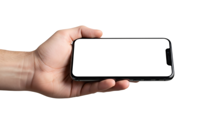 Hand holding a smartphone with a blank white screen for mockup or presentation. Isolated on transparent background, png