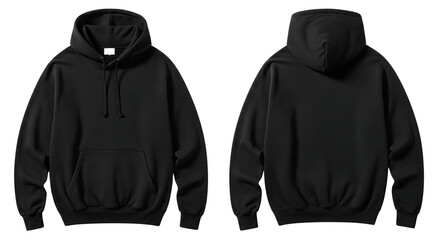 Front and back view of a blank black pullover hoodie for mockup. Isolated on transparent background, png
