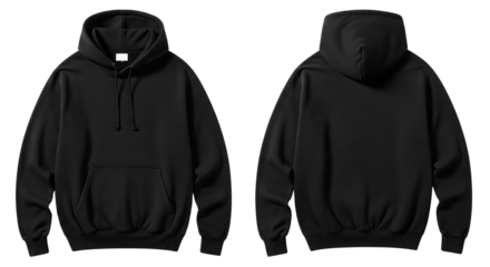 Front and back view of a blank black pullover hoodie for mockup. Isolated on transparent background, png