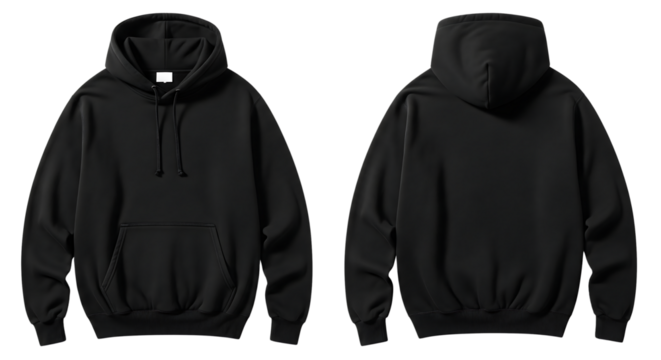 Front and back view of a blank black pullover hoodie for mockup. Isolated on transparent background, png