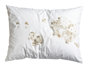 A white pillow with several brownish dirt stains scattered across its surface.