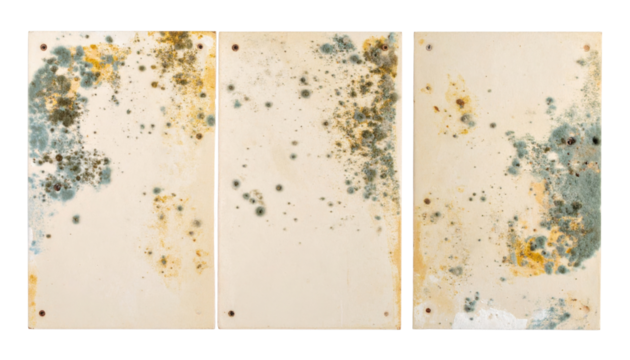 Three rectangular panels covered with mold and mildew stains in various shades of green, yellow, and black.