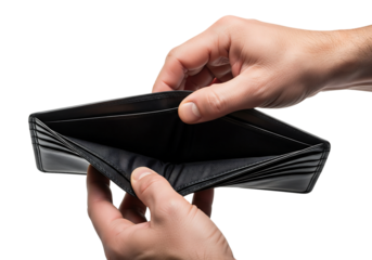 Man's hands holding an open, empty black leather wallet, showing no money. Isolated on transparent background, png