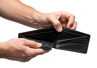 Man's hands holding an open, empty black leather wallet, showing no money. Isolated on transparent background, png
