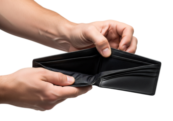 Man's hands holding an open, empty black leather wallet, showing no money. Isolated on transparent background, png