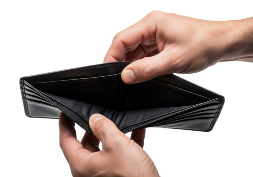 Man's hands holding an open, empty black leather wallet, showing no money. Isolated on transparent background, png