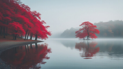 Red foliage and misty lake for minimalist nature photography. Ideal for fall campaigns, scenic compositions, and peaceful visual concepts.