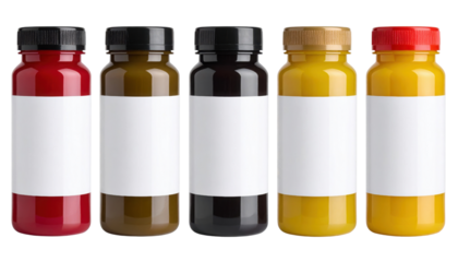Five plastic bottles with blank white labels in red, brown, black, yellow, and yellow colors, each topped with a matching colored cap.