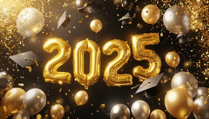 Festive scene celebrates New Year 25th day. Black background features gold confetti, large balloons. Two balloons, gold, silver, stand out. Gold 2025 balloon surrounded by smaller gold confetti