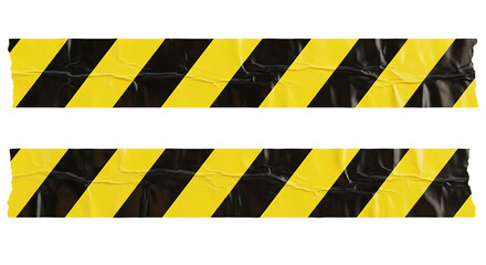 Two strips of wrinkled yellow and black striped caution tape for restricted areas. Isolated on transparent background, png
