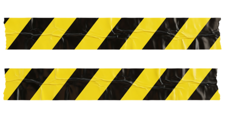 Two strips of wrinkled yellow and black striped caution tape for restricted areas. Isolated on transparent background, png