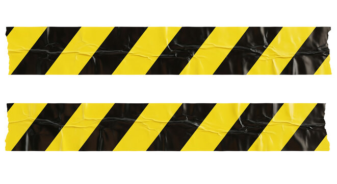 Two strips of wrinkled yellow and black striped caution tape for restricted areas. Isolated on transparent background, png