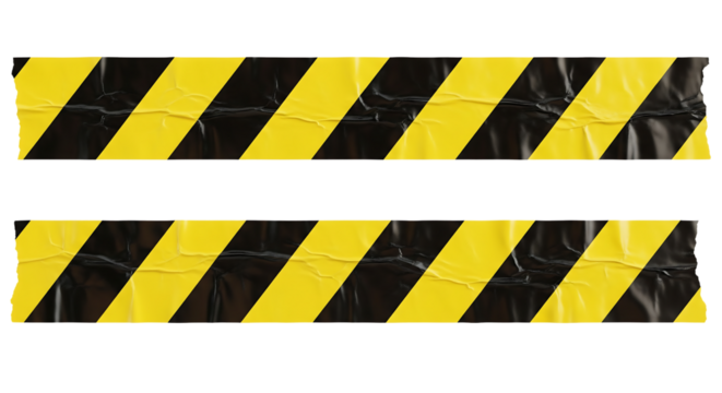 Two strips of wrinkled yellow and black striped caution tape for restricted areas. Isolated on transparent background, png