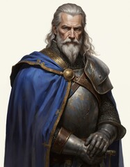 Obraz premium Gray, blue digital illustration of bearded man in traditional armor with intricate gold patterns. Man stands serious, contemplative, determined, wearing robe, cap, sword in hand on white background.