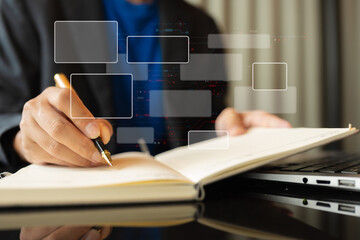 Business workflow automation with flowchart and corporate strategy.