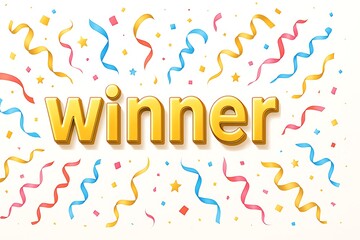 Golden winner text with colorful confetti and ribbons on white background for celebration concept