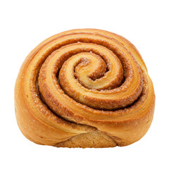 Fototapeta premium Freshly baked cinnamon roll with a golden-brown crust on a white background, perfect for dessert