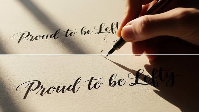 Left-handed calligraphy spelling 'Proud to be Lefty', reverse stroke writing animation