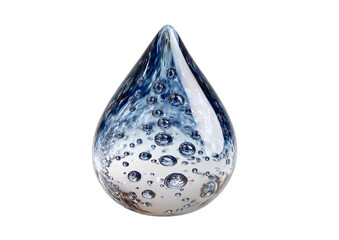 Elegant glass droplet with embedded bubbles on a transparent background showcasing smooth texture and artistic design