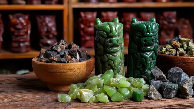Two jade dragon carvings sit alongside piles of raw gemstone, jadeite, and nephrite, showcased on a wooden surface and set against an array of carved heads.