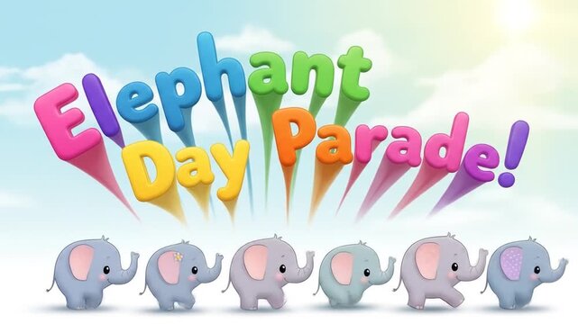 Bouncing text 'Elephant Day Parade!' with cute baby elephant doodles walking below letters