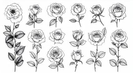 Detailed black and white line art illustration of various rose flowers and stems.