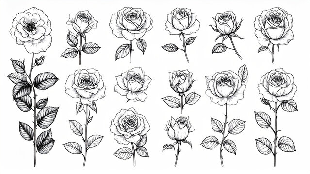Detailed black and white line art illustration of various rose flowers and stems.
