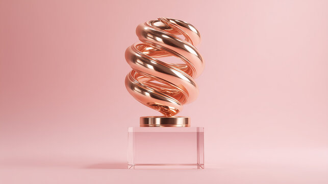 Rose Gold Object Shines on Pink. 3D render shows abstract sculpture for marketing, web, design, concept, editorial use.