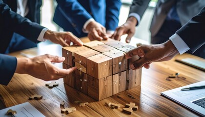 Collaborative Puzzle Solving Diverse Hands Completing Wooden Cube on Desk.