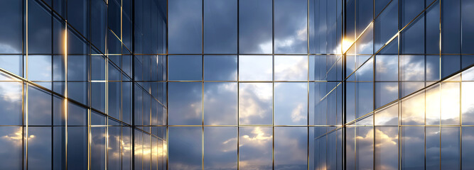 Modern cityscape at dusk, skyscrapers illuminated, vibrant urban environment with reflections enhancing the atmosphere.