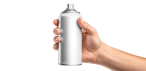 A hand holds a blank white spray can against a transparent background ideal for product mockups and branding