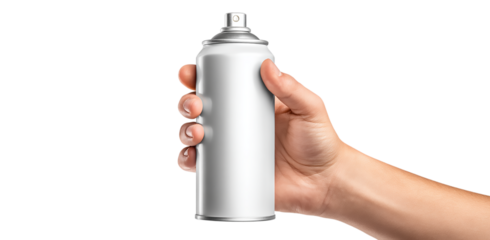 A hand holds a blank white spray can against a transparent background ideal for product mockups and branding