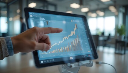 close-up of a hand pointing at a digital tablet screen showing an upward trending sales graph, modern office background.