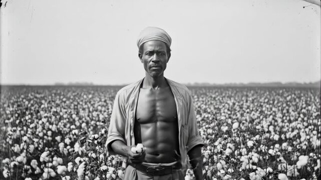 An African slave man in a cotton field looking directly at the camera a classic and emotional black and white image of history agriculture and a person's life