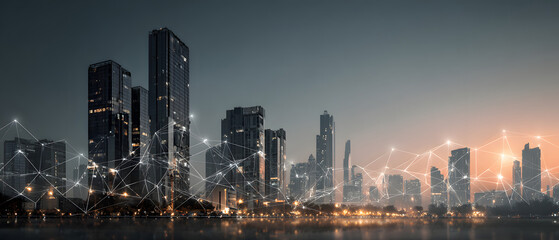 construction building with digital network lines and light nodes - smart city future technology concept.