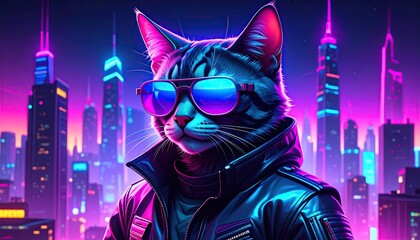 Fototapeta premium Cool cat in sunglasses, leather jacket, futuristic city backdrop.