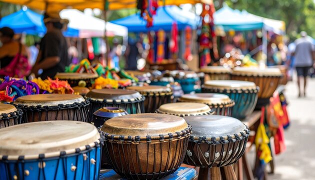 A vibrant collection of traditional handcrafted djembe drums on display at an outdoor cultural market stall.
