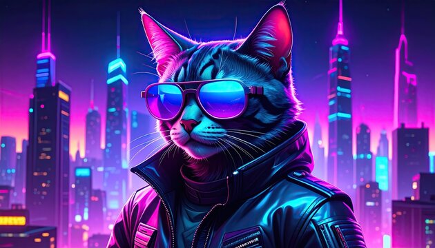 Cool cat in sunglasses, leather jacket, futuristic city backdrop. - Powered by Adobe