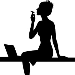 black and white sillhouette of a women smoking isolated white background