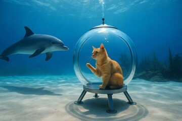 Curious cat meeting dolphin underwater