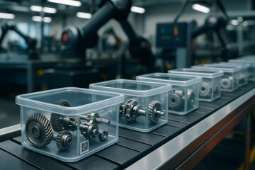 Robotic arm packing metal gears in plastic boxes on conveyor belt